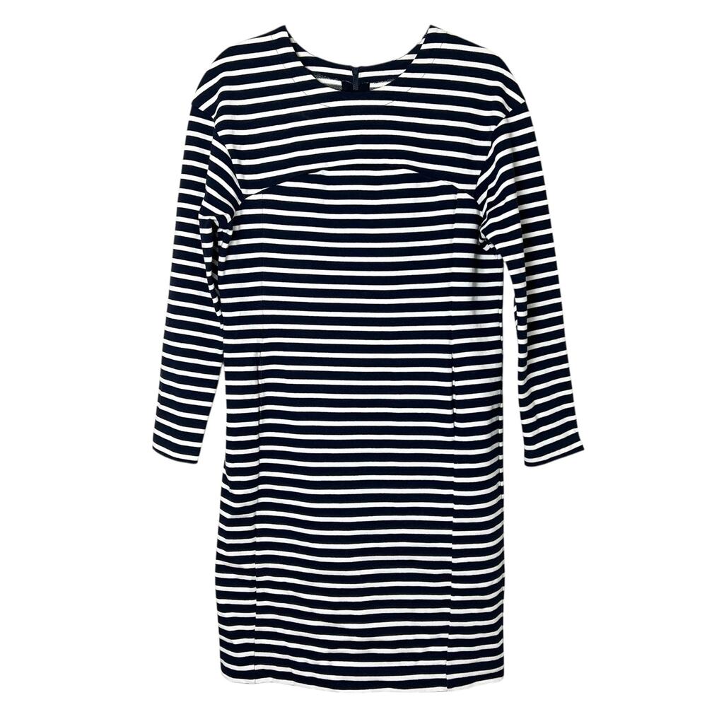 MUVEIL Navy White Stripe Long Sleeve Cotton Shirt Dress Nautical Size Medium